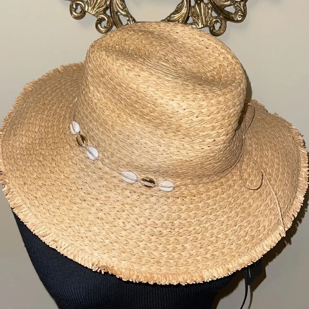 NWT INC Frayed-Edge Panama Hat With Shell Band
